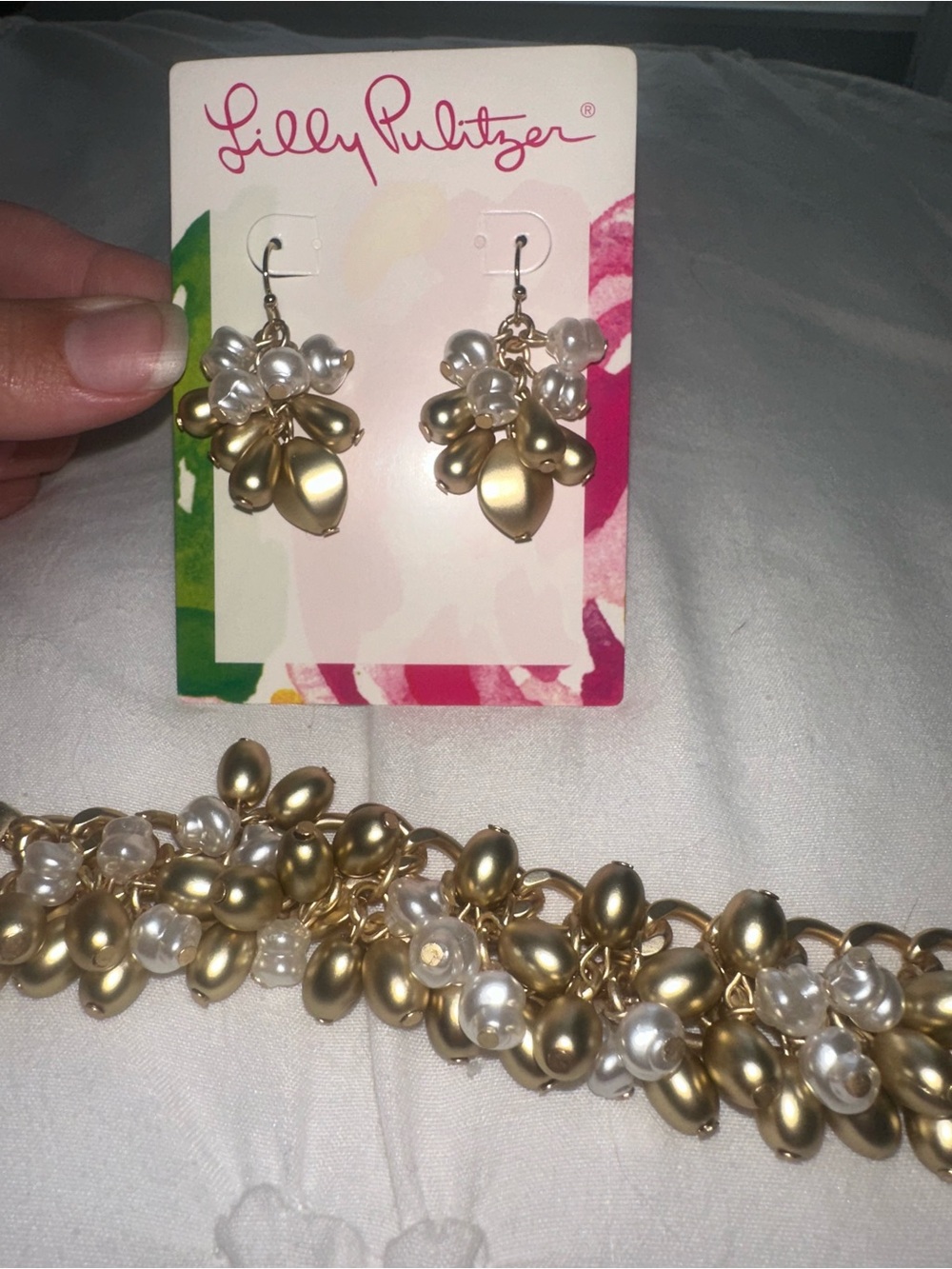Lilly Pulitzer Gold and Pearl Cluster Drop Earrings and matching Bracelet
